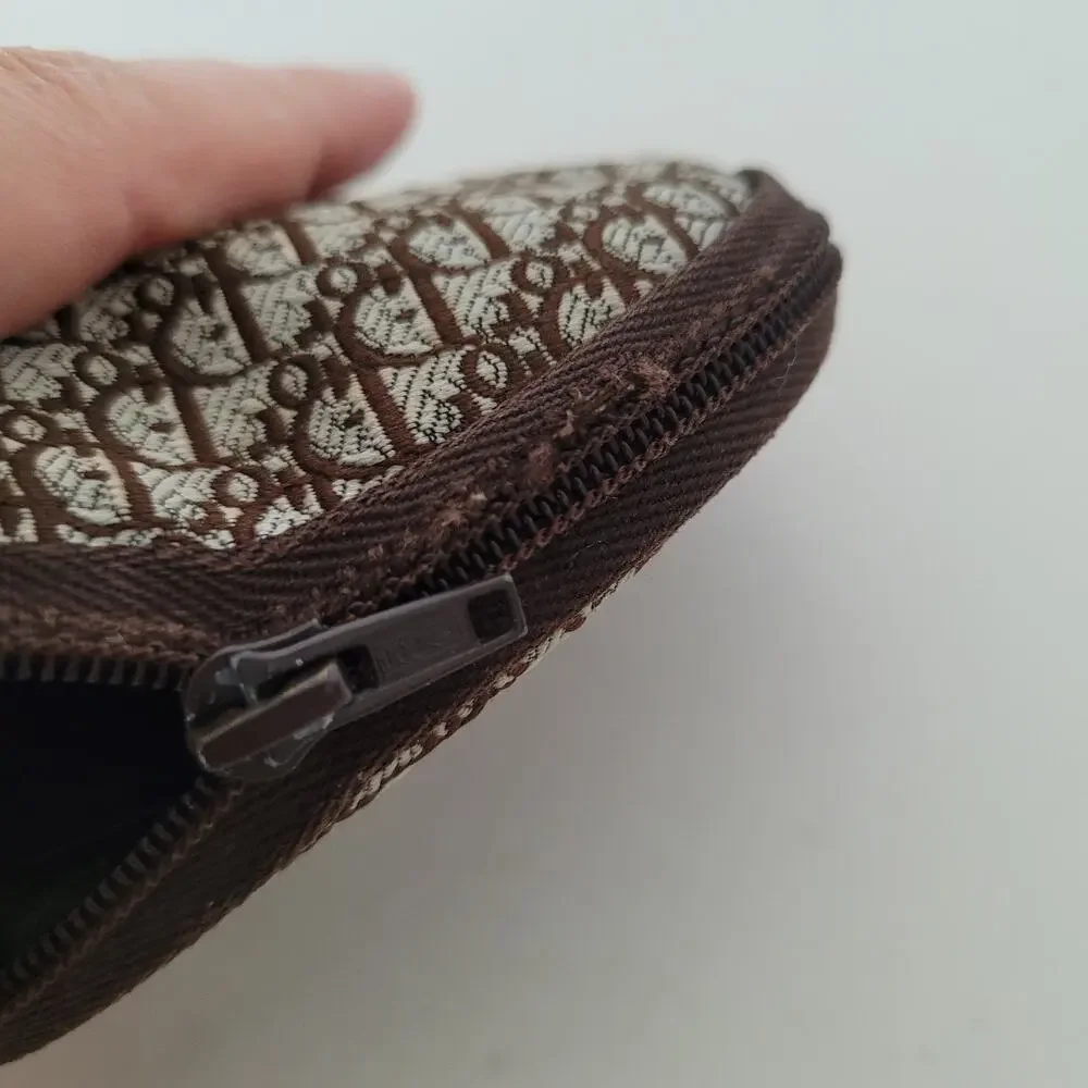 Auth Christian Dior Monogram Mini Zip Brown Small Coin Wallet Compact Retro 90s